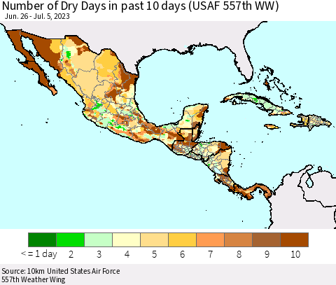 Mexico Central America and the Caribbean Number of Dry Days in past 10 days (USAF 557th WW) Thematic Map For 7/1/2023 - 7/5/2023