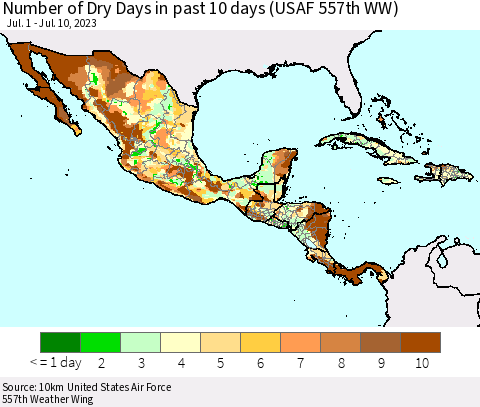 Mexico Central America and the Caribbean Number of Dry Days in past 10 days (USAF 557th WW) Thematic Map For 7/6/2023 - 7/10/2023