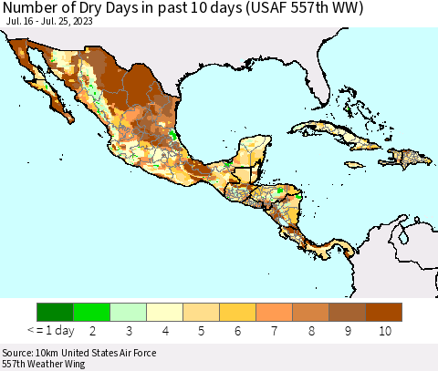 Mexico Central America and the Caribbean Number of Dry Days in past 10 days (USAF 557th WW) Thematic Map For 7/21/2023 - 7/25/2023