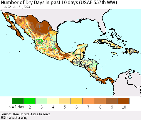 Mexico Central America and the Caribbean Number of Dry Days in past 10 days (USAF 557th WW) Thematic Map For 7/26/2023 - 7/31/2023