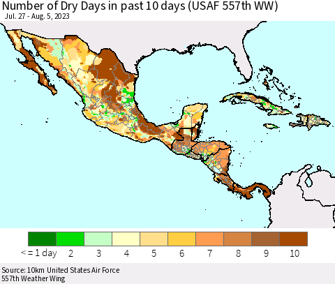Mexico Central America and the Caribbean Number of Dry Days in past 10 days (USAF 557th WW) Thematic Map For 8/1/2023 - 8/5/2023