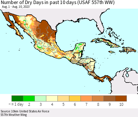 Mexico Central America and the Caribbean Number of Dry Days in past 10 days (USAF 557th WW) Thematic Map For 8/6/2023 - 8/10/2023
