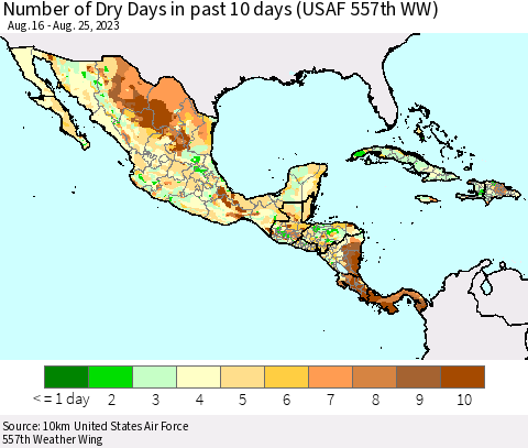 Mexico Central America and the Caribbean Number of Dry Days in past 10 days (USAF 557th WW) Thematic Map For 8/21/2023 - 8/25/2023
