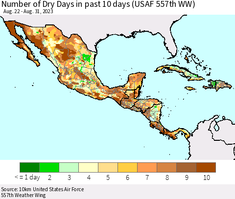 Mexico Central America and the Caribbean Number of Dry Days in past 10 days (USAF 557th WW) Thematic Map For 8/26/2023 - 8/31/2023
