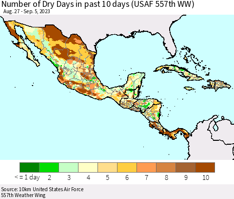 Mexico Central America and the Caribbean Number of Dry Days in past 10 days (USAF 557th WW) Thematic Map For 9/1/2023 - 9/5/2023