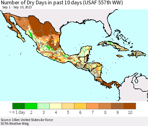 Mexico Central America and the Caribbean Number of Dry Days in past 10 days (USAF 557th WW) Thematic Map For 9/6/2023 - 9/10/2023