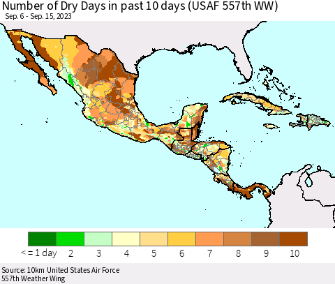 Mexico Central America and the Caribbean Number of Dry Days in past 10 days (USAF 557th WW) Thematic Map For 9/11/2023 - 9/15/2023