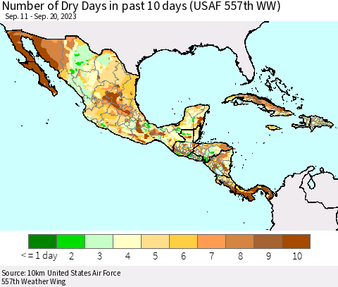 Mexico Central America and the Caribbean Number of Dry Days in past 10 days (USAF 557th WW) Thematic Map For 9/16/2023 - 9/20/2023