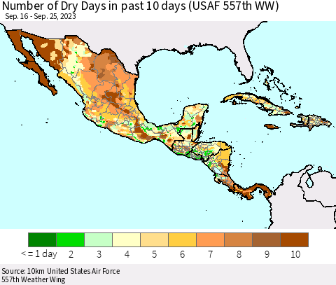 Mexico Central America and the Caribbean Number of Dry Days in past 10 days (USAF 557th WW) Thematic Map For 9/21/2023 - 9/25/2023