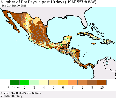 Mexico Central America and the Caribbean Number of Dry Days in past 10 days (USAF 557th WW) Thematic Map For 9/26/2023 - 9/30/2023