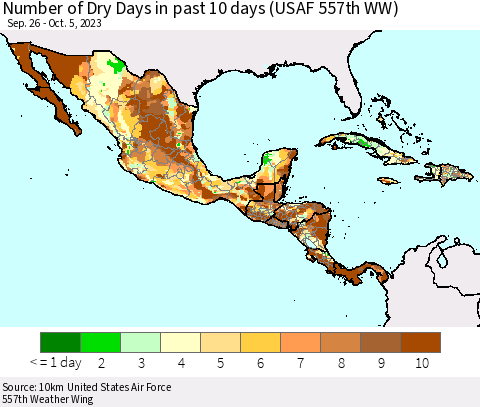 Mexico Central America and the Caribbean Number of Dry Days in past 10 days (USAF 557th WW) Thematic Map For 10/1/2023 - 10/5/2023