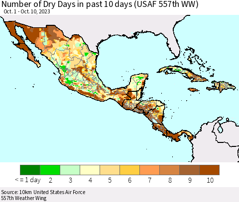Mexico Central America and the Caribbean Number of Dry Days in past 10 days (USAF 557th WW) Thematic Map For 10/6/2023 - 10/10/2023