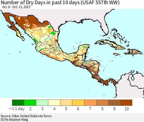 Mexico Central America and the Caribbean Number of Dry Days in past 10 days (USAF 557th WW) Thematic Map For 10/11/2023 - 10/15/2023