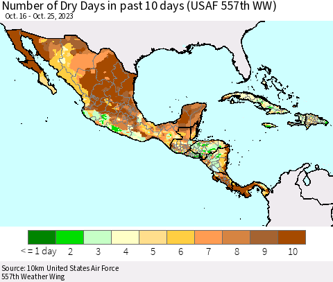 Mexico Central America and the Caribbean Number of Dry Days in past 10 days (USAF 557th WW) Thematic Map For 10/21/2023 - 10/25/2023