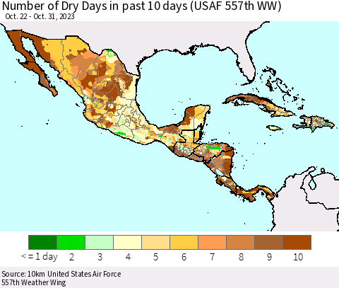 Mexico Central America and the Caribbean Number of Dry Days in past 10 days (USAF 557th WW) Thematic Map For 10/26/2023 - 10/31/2023