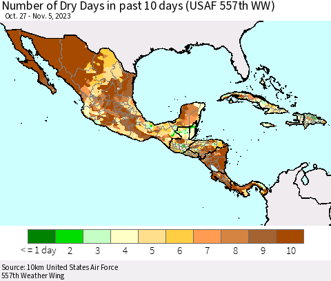 Mexico Central America and the Caribbean Number of Dry Days in past 10 days (USAF 557th WW) Thematic Map For 11/1/2023 - 11/5/2023
