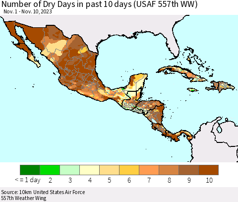Mexico Central America and the Caribbean Number of Dry Days in past 10 days (USAF 557th WW) Thematic Map For 11/6/2023 - 11/10/2023