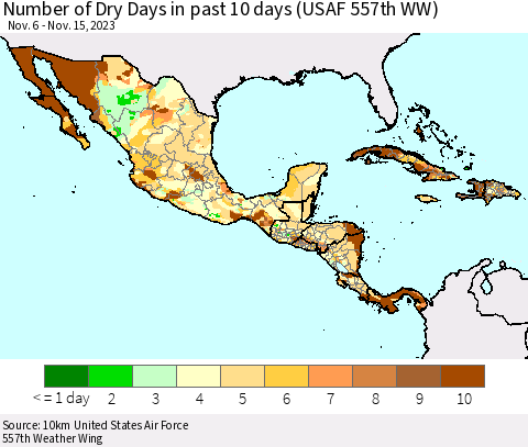 Mexico Central America and the Caribbean Number of Dry Days in past 10 days (USAF 557th WW) Thematic Map For 11/11/2023 - 11/15/2023