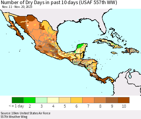 Mexico Central America and the Caribbean Number of Dry Days in past 10 days (USAF 557th WW) Thematic Map For 11/16/2023 - 11/20/2023