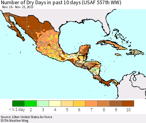 Mexico Central America and the Caribbean Number of Dry Days in past 10 days (USAF 557th WW) Thematic Map For 11/21/2023 - 11/25/2023