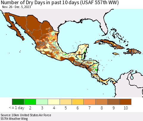Mexico Central America and the Caribbean Number of Dry Days in past 10 days (USAF 557th WW) Thematic Map For 12/1/2023 - 12/5/2023