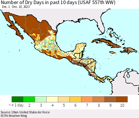 Mexico Central America and the Caribbean Number of Dry Days in past 10 days (USAF 557th WW) Thematic Map For 12/6/2023 - 12/10/2023