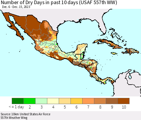 Mexico Central America and the Caribbean Number of Dry Days in past 10 days (USAF 557th WW) Thematic Map For 12/11/2023 - 12/15/2023