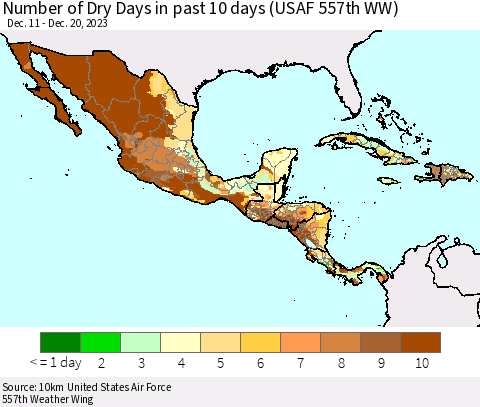 Mexico Central America and the Caribbean Number of Dry Days in past 10 days (USAF 557th WW) Thematic Map For 12/16/2023 - 12/20/2023