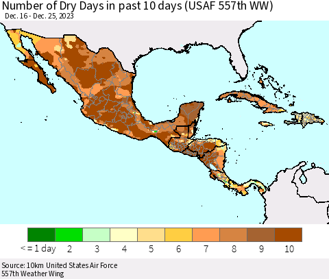 Mexico Central America and the Caribbean Number of Dry Days in past 10 days (USAF 557th WW) Thematic Map For 12/21/2023 - 12/25/2023
