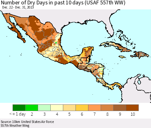 Mexico Central America and the Caribbean Number of Dry Days in past 10 days (USAF 557th WW) Thematic Map For 12/26/2023 - 12/31/2023