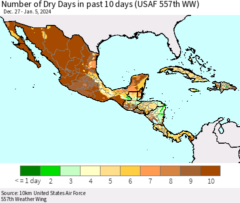 Mexico Central America and the Caribbean Number of Dry Days in past 10 days (USAF 557th WW) Thematic Map For 1/1/2024 - 1/5/2024