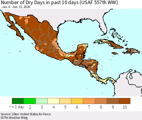 Mexico Central America and the Caribbean Number of Dry Days in past 10 days (USAF 557th WW) Thematic Map For 1/11/2024 - 1/15/2024