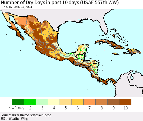 Mexico Central America and the Caribbean Number of Dry Days in past 10 days (USAF 557th WW) Thematic Map For 1/21/2024 - 1/25/2024
