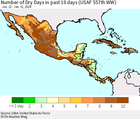 Mexico Central America and the Caribbean Number of Dry Days in past 10 days (USAF 557th WW) Thematic Map For 1/26/2024 - 1/31/2024
