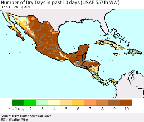 Mexico Central America and the Caribbean Number of Dry Days in past 10 days (USAF 557th WW) Thematic Map For 2/6/2024 - 2/10/2024