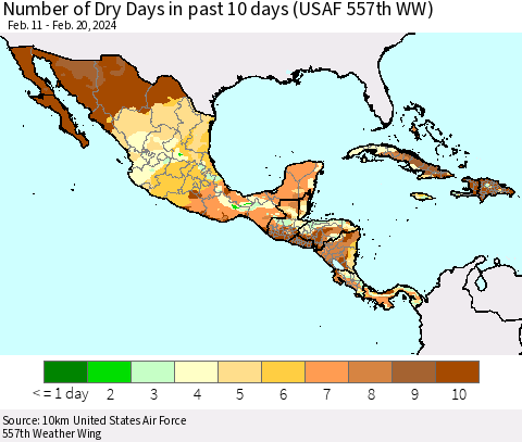 Mexico Central America and the Caribbean Number of Dry Days in past 10 days (USAF 557th WW) Thematic Map For 2/16/2024 - 2/20/2024