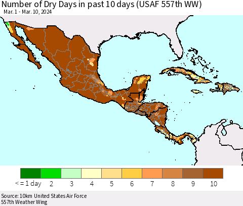 Mexico Central America and the Caribbean Number of Dry Days in past 10 days (USAF 557th WW) Thematic Map For 3/6/2024 - 3/10/2024