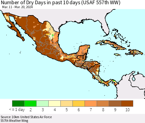 Mexico Central America and the Caribbean Number of Dry Days in past 10 days (USAF 557th WW) Thematic Map For 3/16/2024 - 3/20/2024