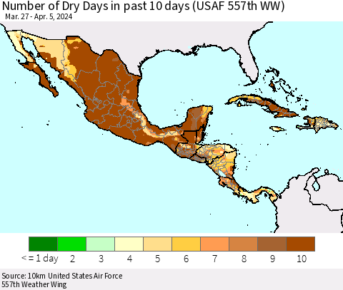 Mexico Central America and the Caribbean Number of Dry Days in past 10 days (USAF 557th WW) Thematic Map For 4/1/2024 - 4/5/2024