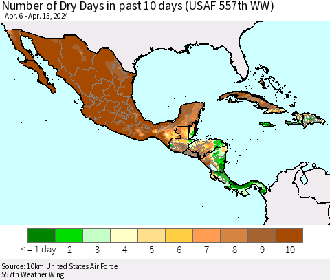 Mexico Central America and the Caribbean Number of Dry Days in past 10 days (USAF 557th WW) Thematic Map For 4/11/2024 - 4/15/2024