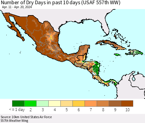 Mexico Central America and the Caribbean Number of Dry Days in past 10 days (USAF 557th WW) Thematic Map For 4/16/2024 - 4/20/2024