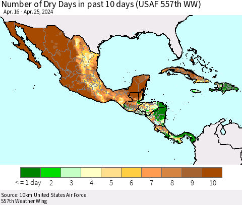 Mexico Central America and the Caribbean Number of Dry Days in past 10 days (USAF 557th WW) Thematic Map For 4/21/2024 - 4/25/2024