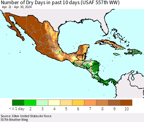 Mexico Central America and the Caribbean Number of Dry Days in past 10 days (USAF 557th WW) Thematic Map For 4/26/2024 - 4/30/2024