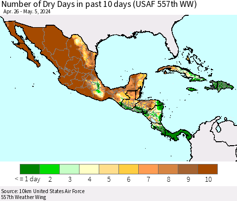 Mexico Central America and the Caribbean Number of Dry Days in past 10 days (USAF 557th WW) Thematic Map For 5/1/2024 - 5/5/2024