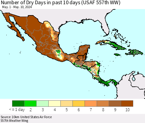 Mexico Central America and the Caribbean Number of Dry Days in past 10 days (USAF 557th WW) Thematic Map For 5/6/2024 - 5/10/2024