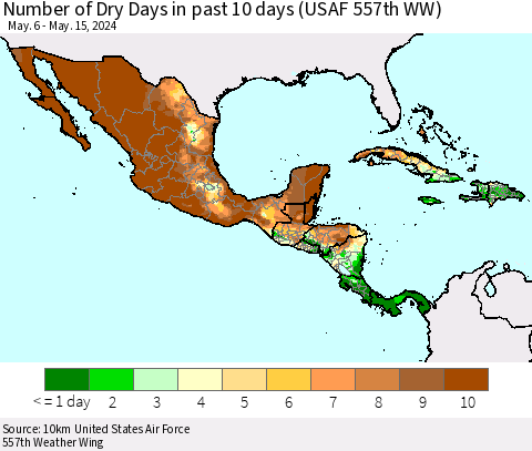 Mexico Central America and the Caribbean Number of Dry Days in past 10 days (USAF 557th WW) Thematic Map For 5/11/2024 - 5/15/2024