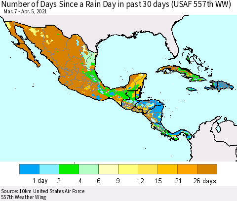 Mexico Central America and the Caribbean Number of Days Since a Rain Day in past 30 days (USAF 557th WW) Thematic Map For 4/1/2021 - 4/5/2021
