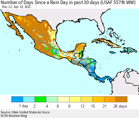Mexico Central America and the Caribbean Number of Days Since a Rain Day in past 30 days (USAF 557th WW) Thematic Map For 4/6/2021 - 4/10/2021