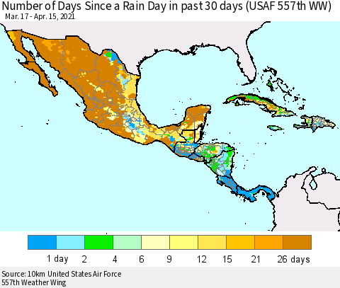 Mexico Central America and the Caribbean Number of Days Since a Rain Day in past 30 days (USAF 557th WW) Thematic Map For 4/11/2021 - 4/15/2021