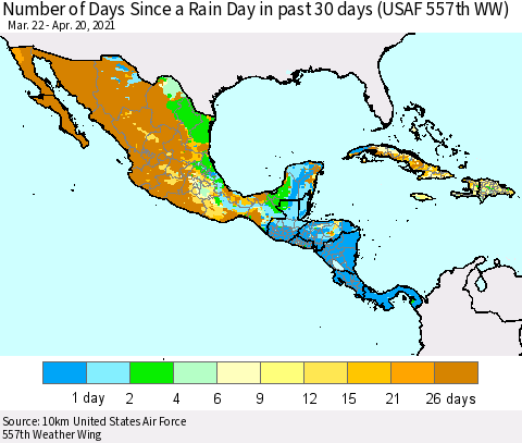 Mexico Central America and the Caribbean Number of Days Since a Rain Day in past 30 days (USAF 557th WW) Thematic Map For 4/16/2021 - 4/20/2021